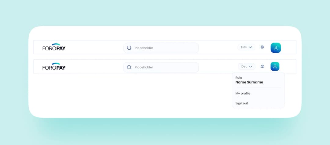 FOROPAY app header with search bar, language selector and open profile dropdown with My profile and Sign out