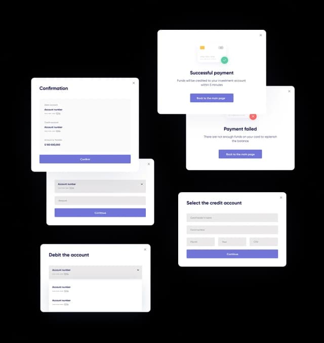 Payment processing interface screens