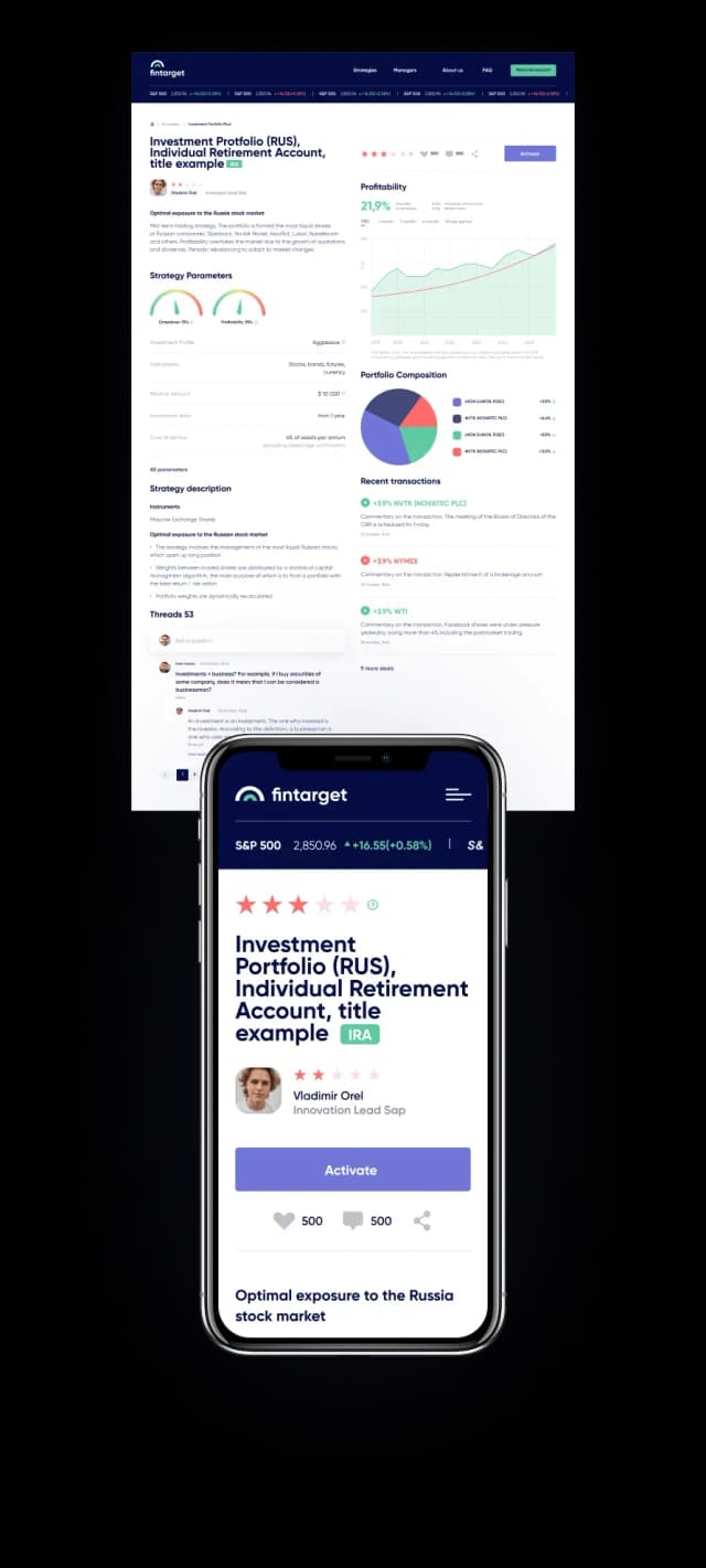 Investment portfolio webpage and mobile app interface