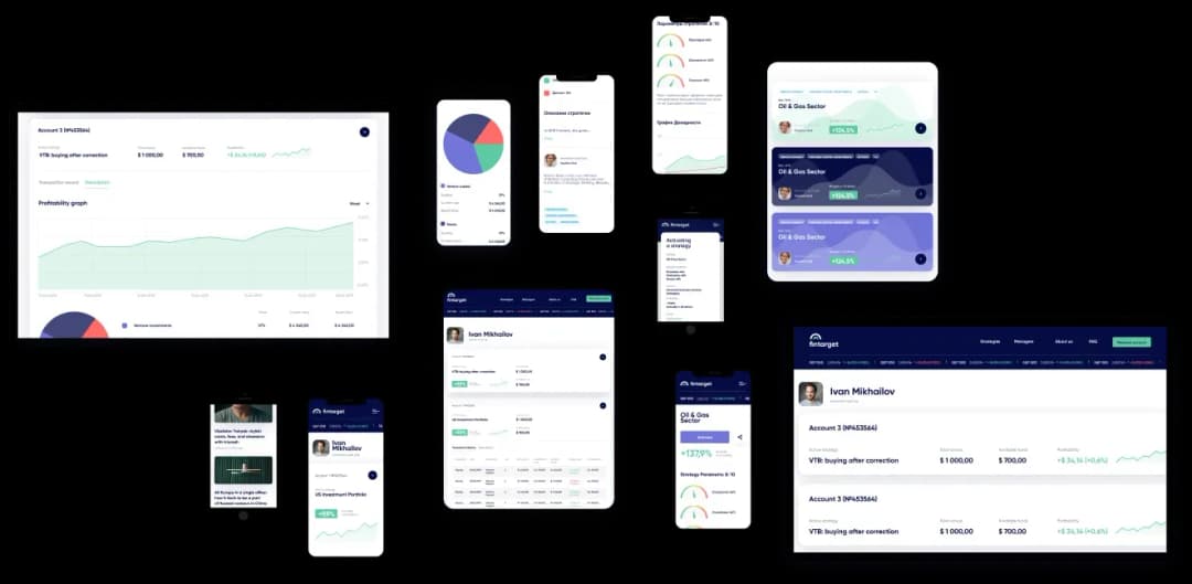 Various device screens displaying a financial dashboard