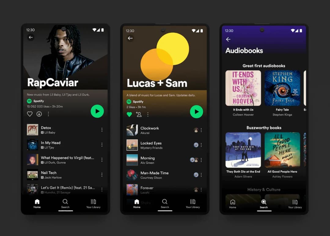 Spotify mobile screens: RapCaviar playlist, a Lucas + Sam blend and an Audiobooks catalog