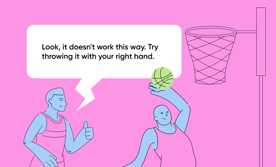 Coach correcting a basketball player: 'It doesn't work this way, try throwing with your right hand'