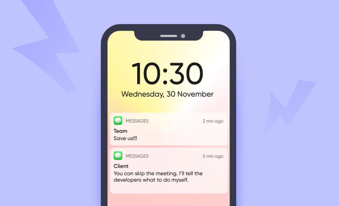 Phone lock screen with panicked messages: team texts Save us and client says skip the meeting