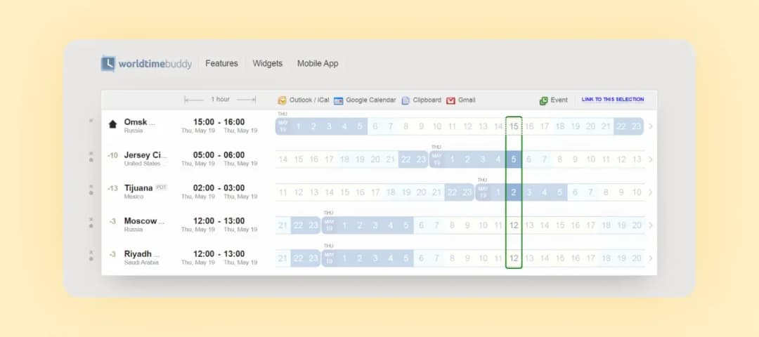 Сервис worldtimebuddy сравнивает время в Омске, Джерси-Сити, Тихуане, Москве и Эр-Рияде
