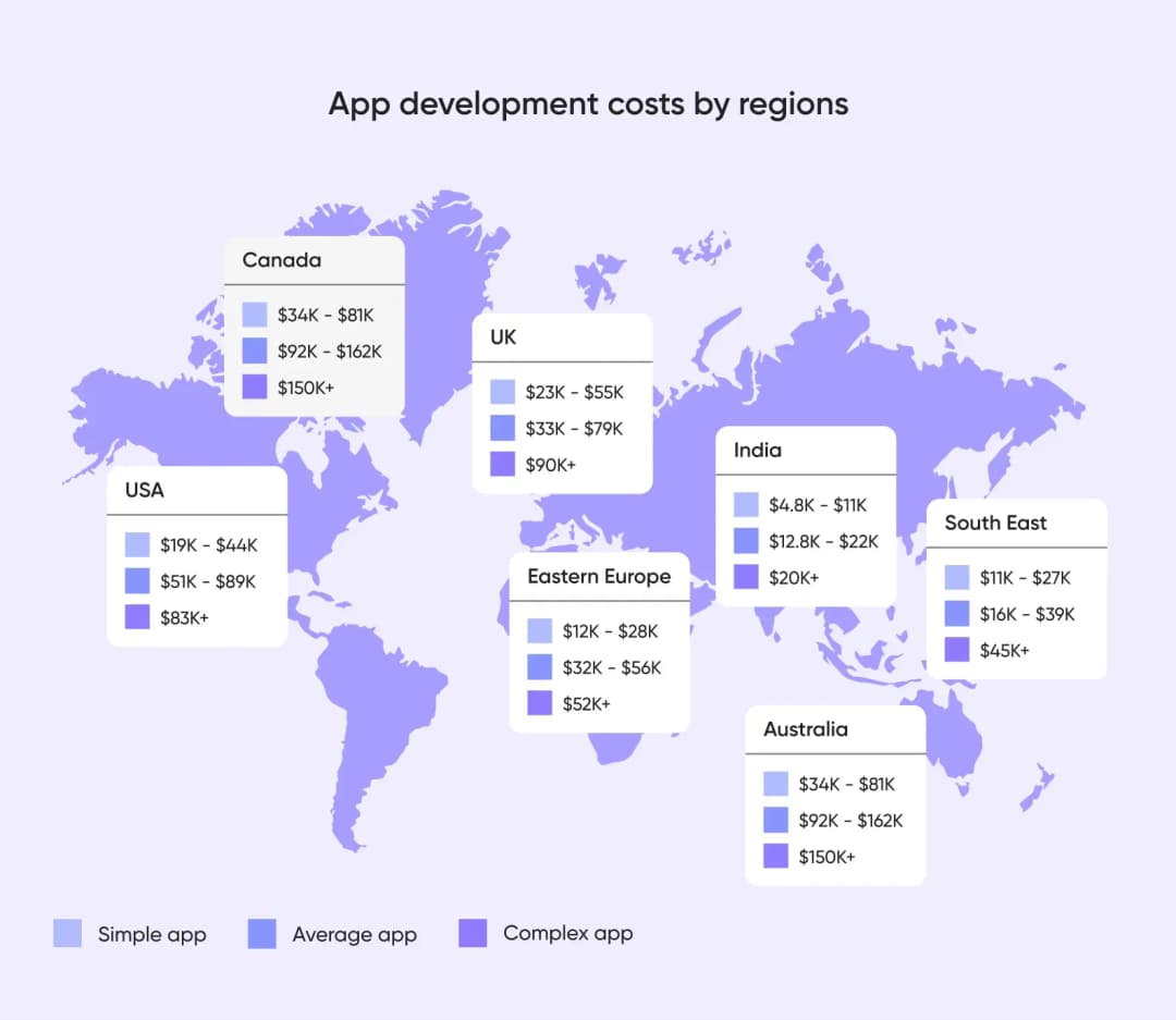 World map with app development costs by regions 