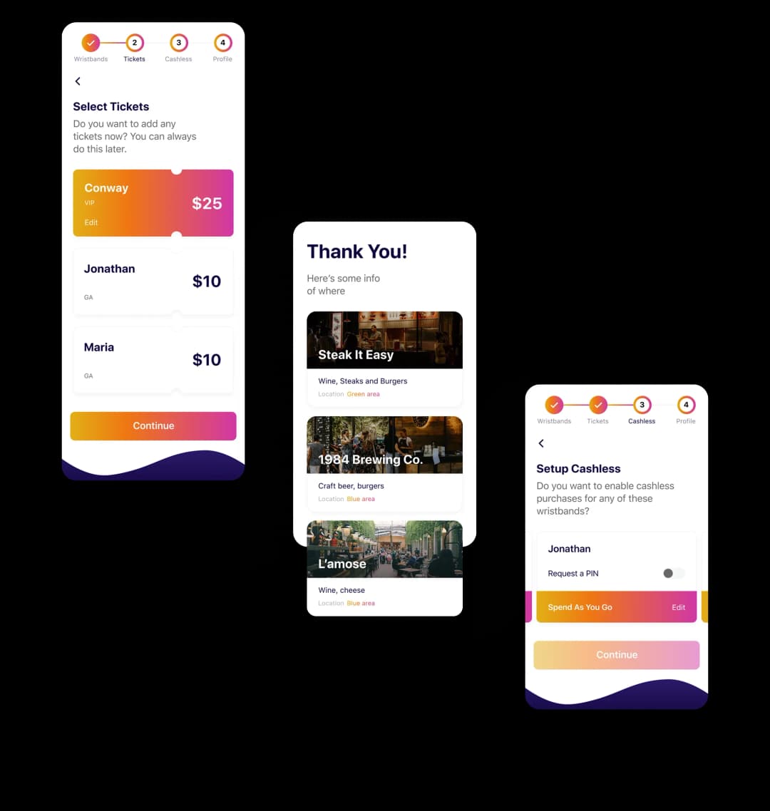 Mobile app ticket purchasing and cashless setup screens