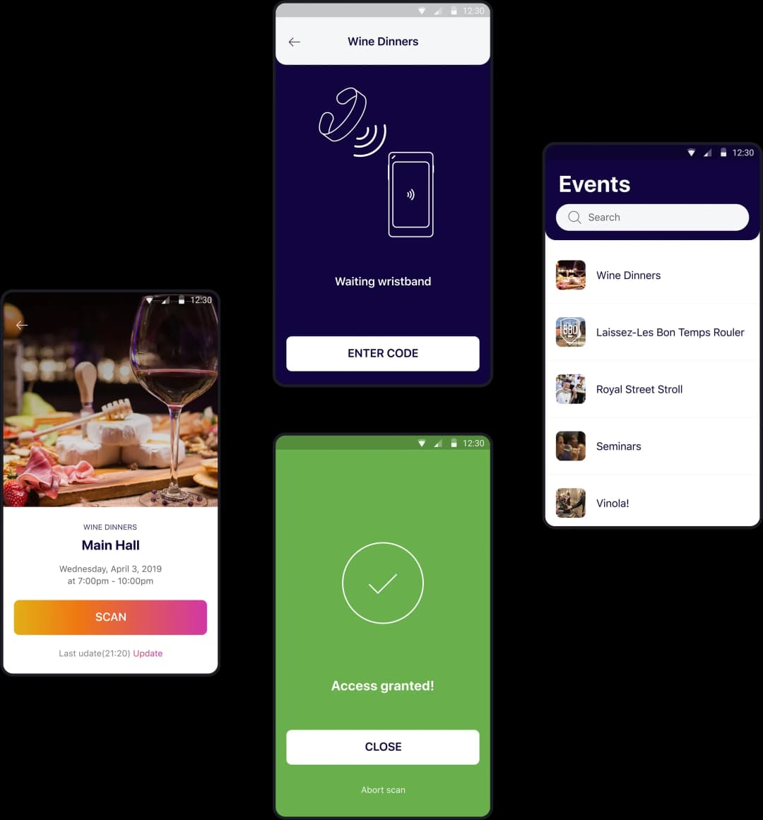 Wine dinner app screens and event listing