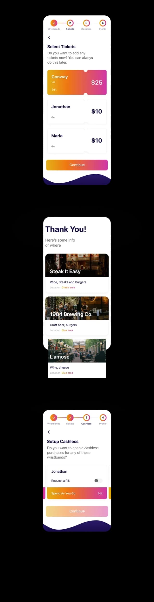 Mobile app ticket selection and checkout screen