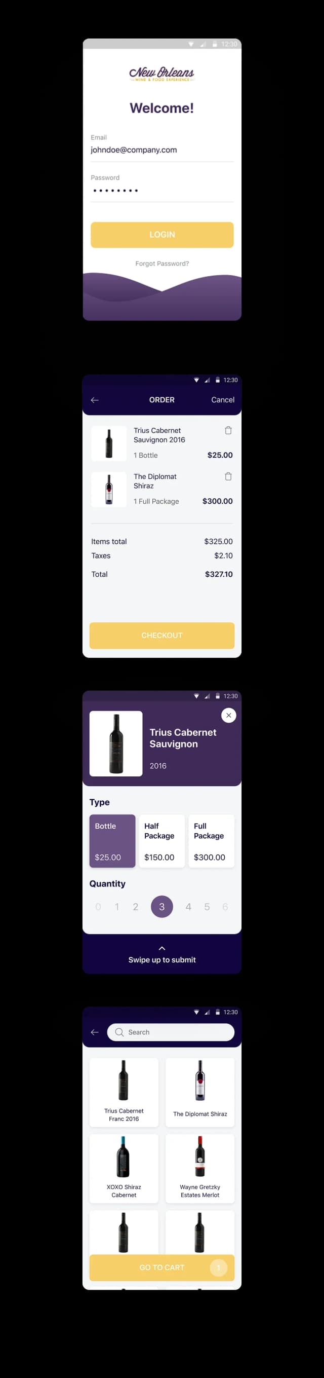 Mobile app user login and order screen