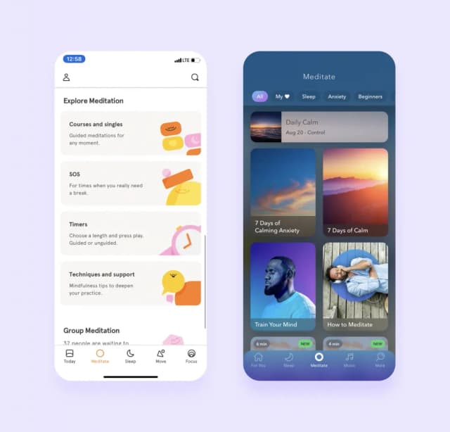 Calm library screens: explore meditation menu and grid of programs like 7 Days of Calm