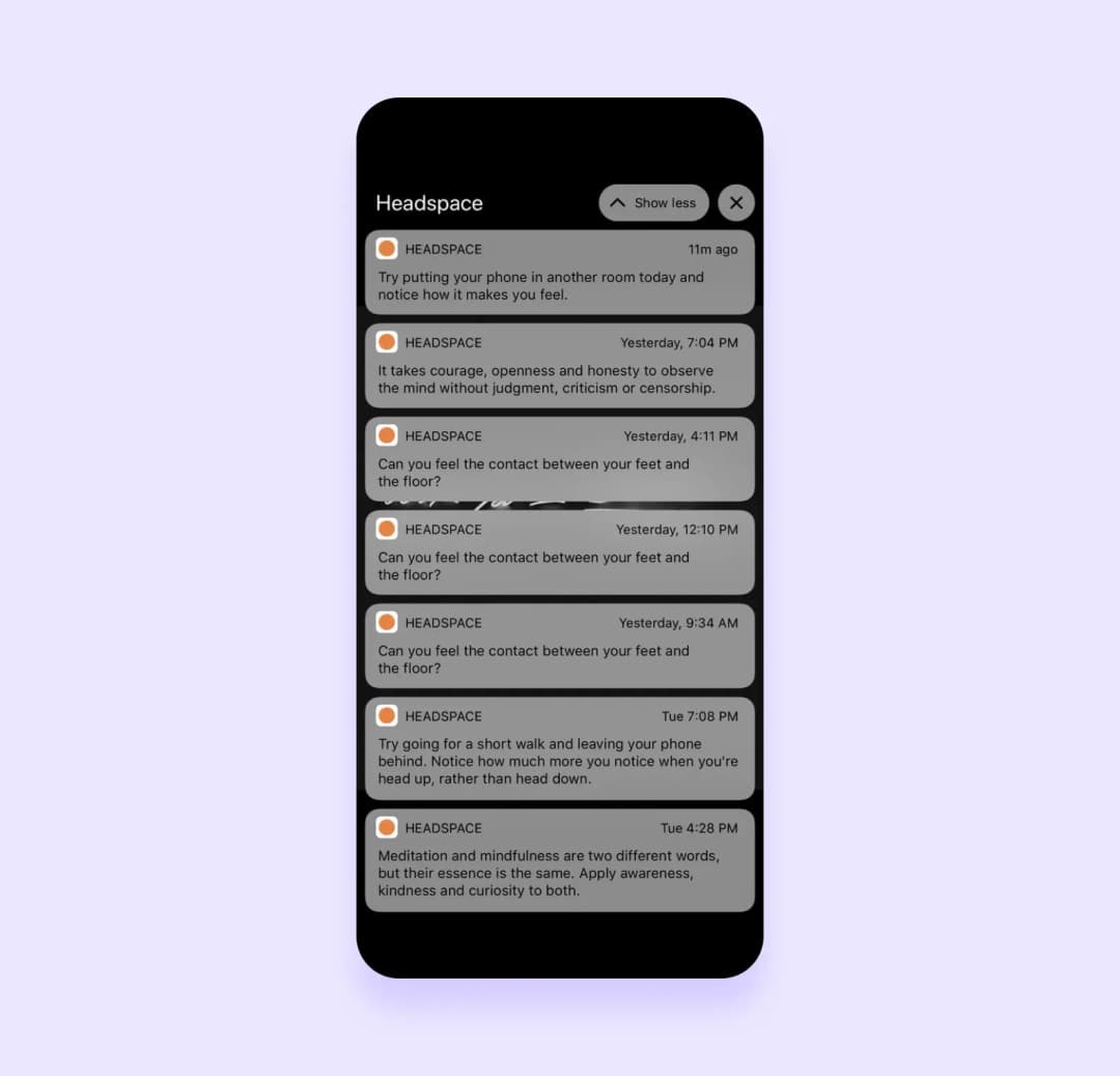 Stack of Headspace push notifications with mindfulness reminders and reflection prompts