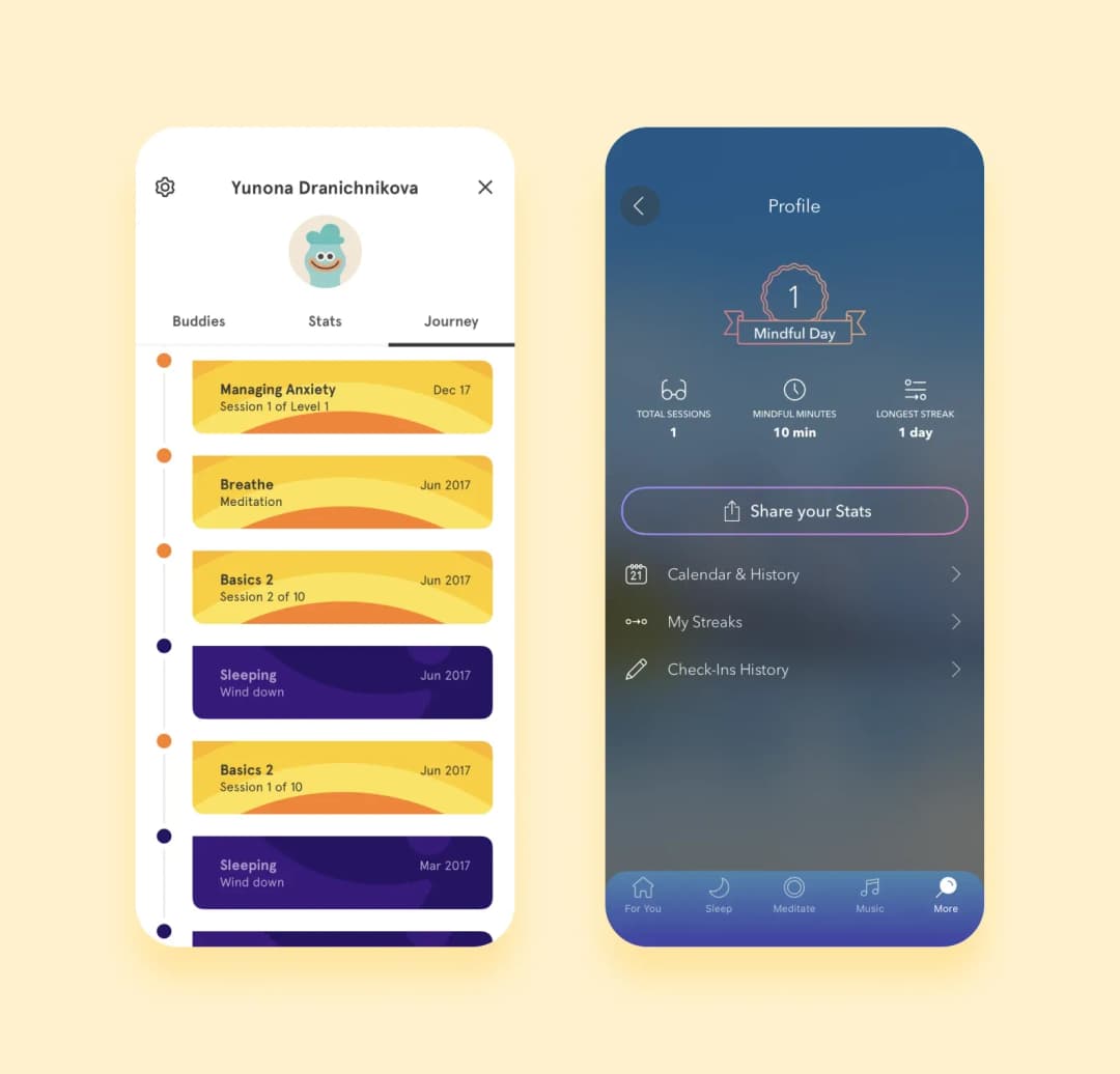 Meditation app profile screens: personal journey timeline and mindful-day stats overview