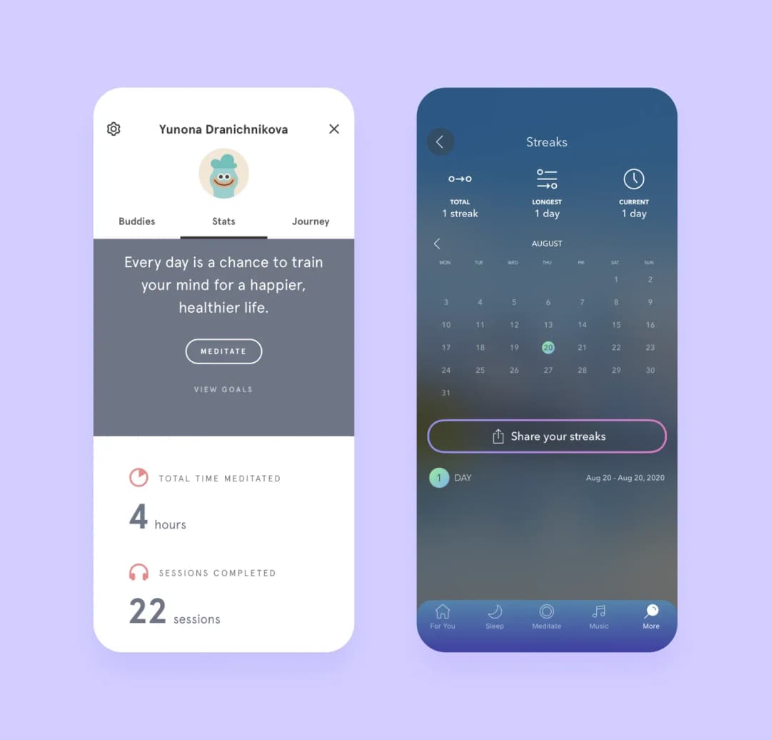 Meditation stats screens: total time, sessions completed and August streaks calendar
