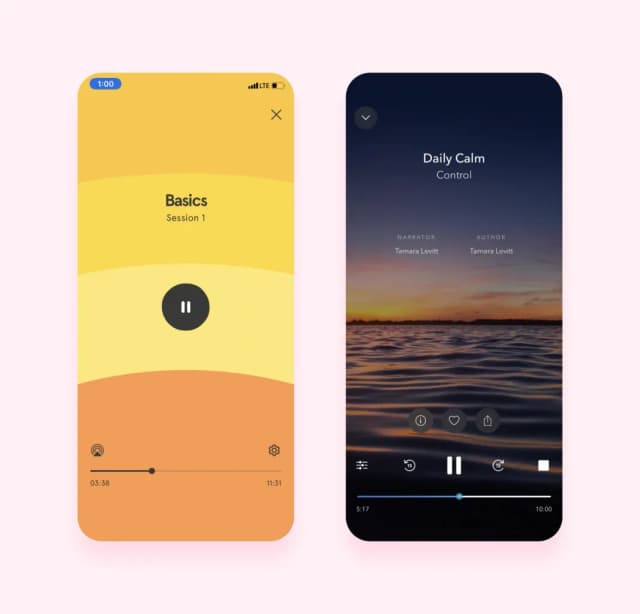Meditation player screens: yellow Basics session and Daily Calm audio player with play controls