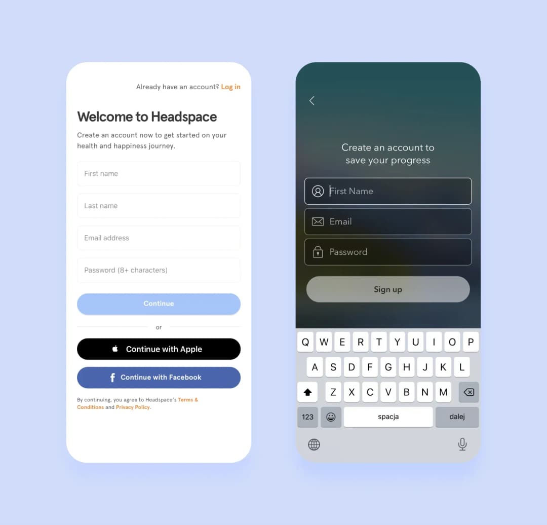 Headspace sign-up screens with name, email and password fields plus Apple and Facebook login