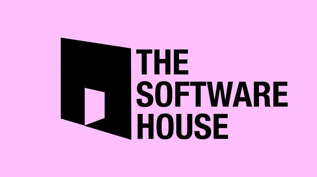 The Software House logo: black house mark and bold wordmark on pink