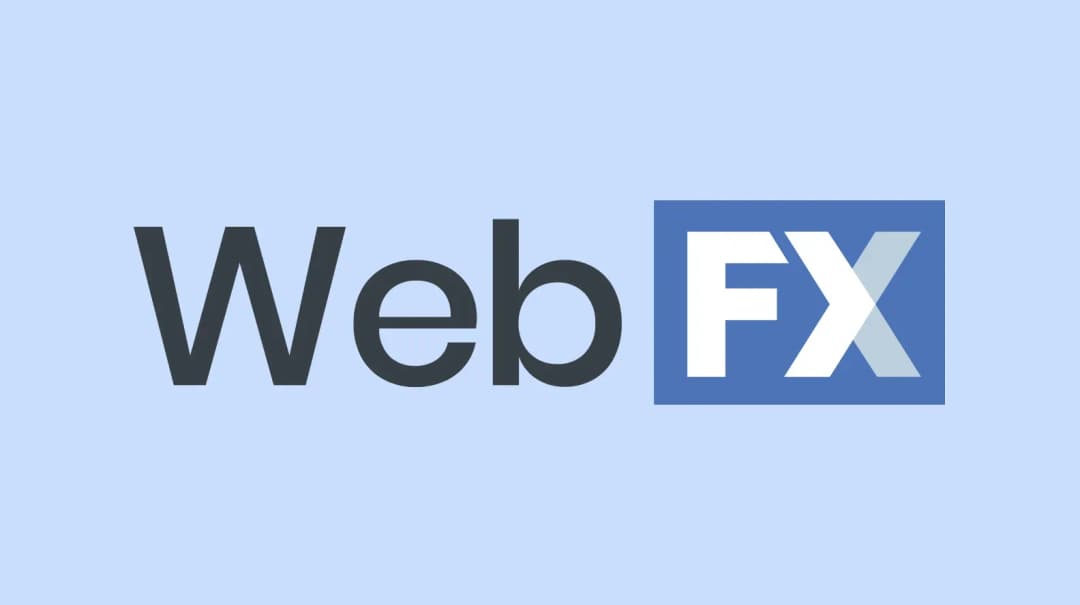 WebFX logo: dark wordmark with white FX in a blue box on light blue