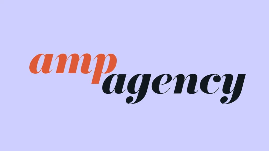 AMP Agency logo in orange and black italic script on lavender