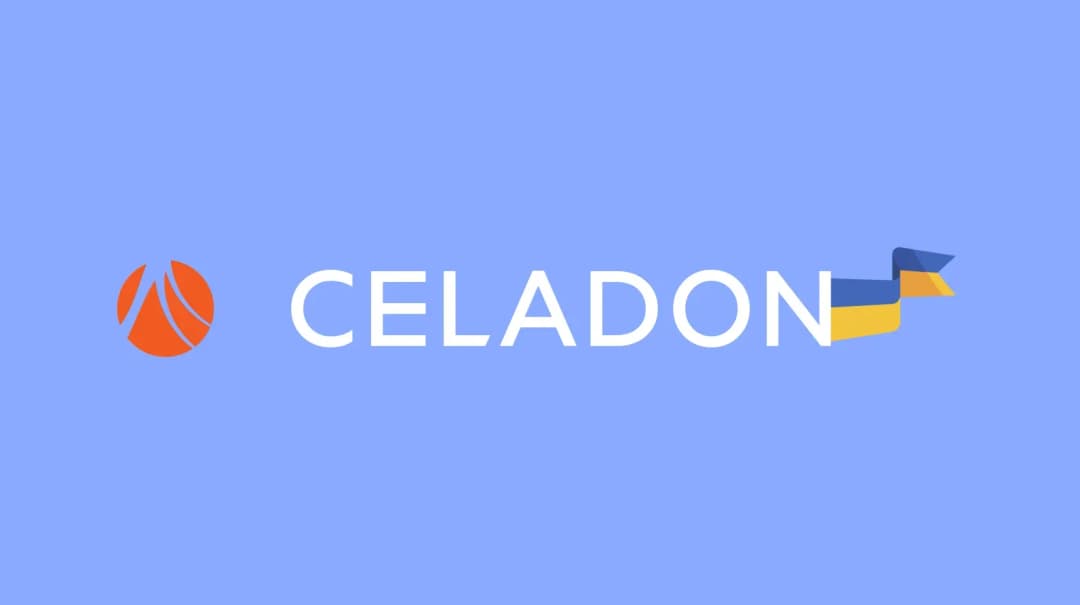 Celadon logo with orange icon and Ukrainian flag ribbon on blue