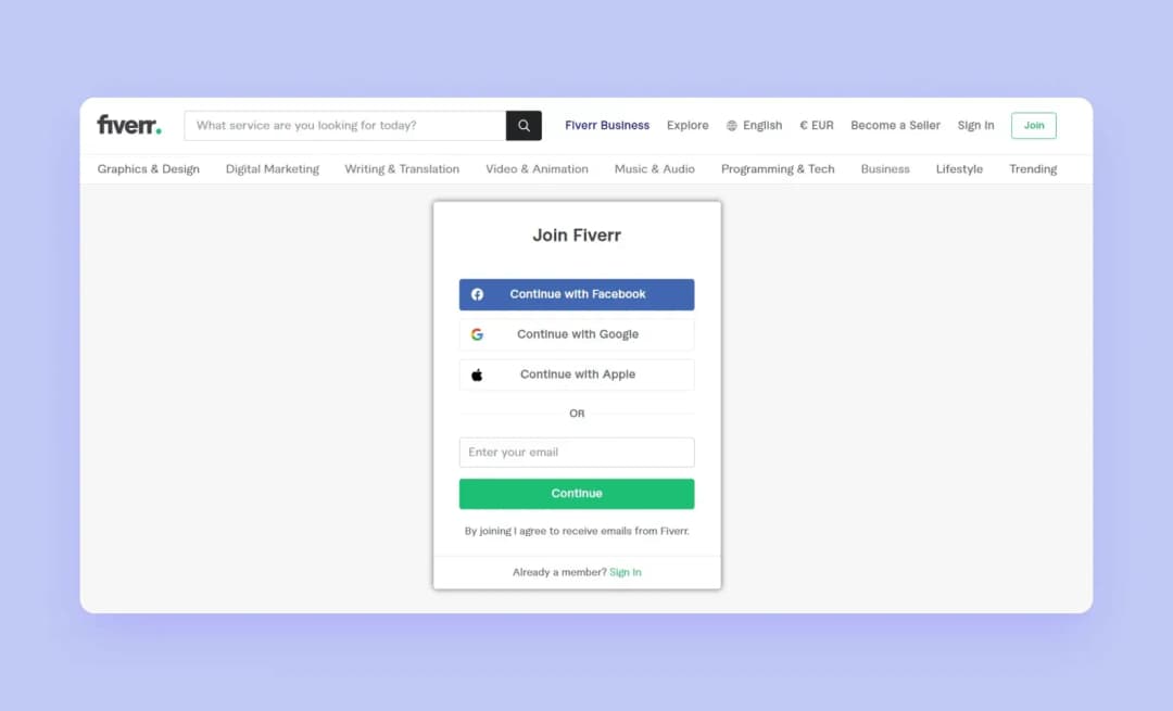 Fiverr registration form screenshot