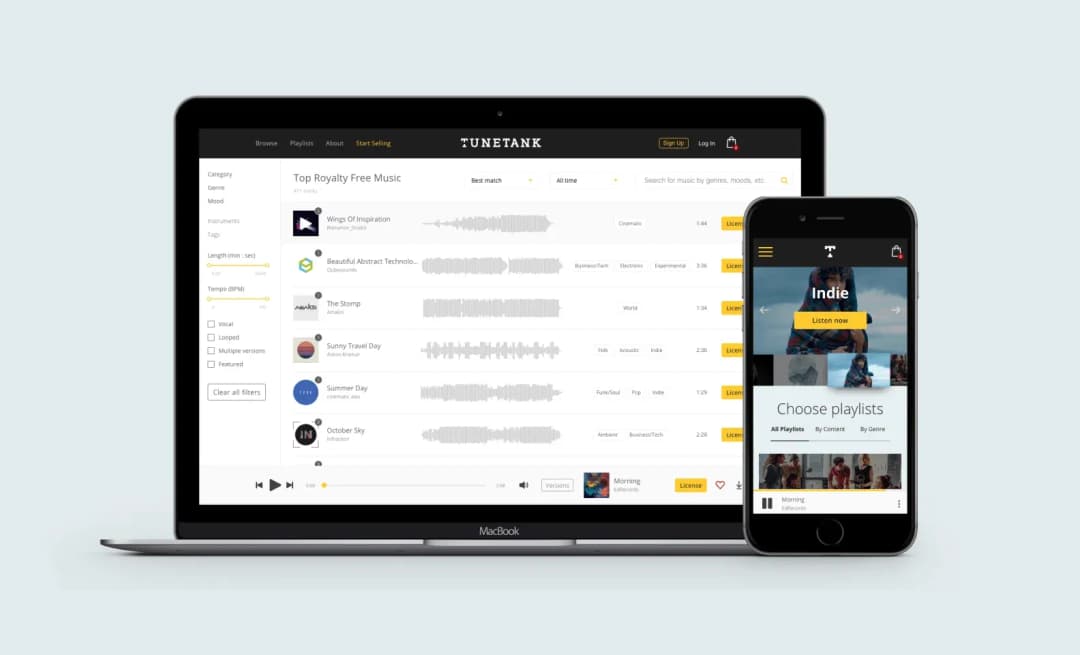 Tunetank royalty-free music marketplace on laptop and phone: track list with waveforms, filters and playlists
