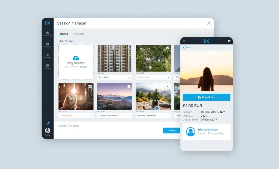 Photo marketplace Session Manager: a photographer's tagged photo grid and a mobile purchase screen priced at €1.00