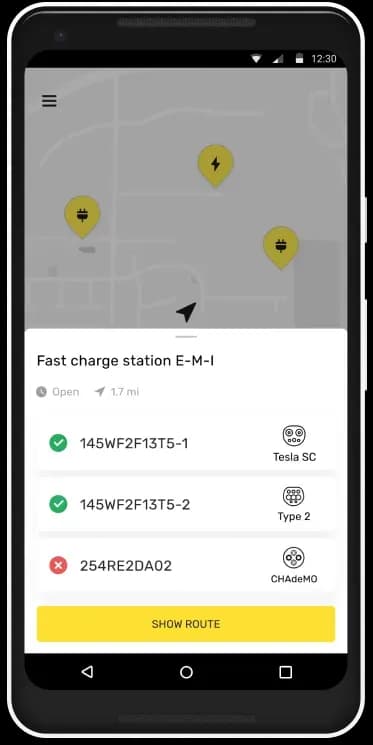 Mobile app interface showing fast charge stations