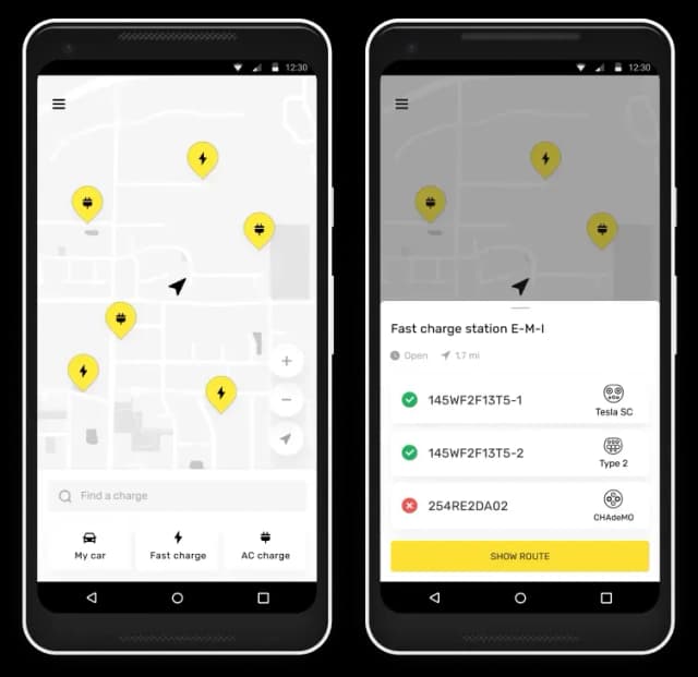 Charging station locator mobile app screen