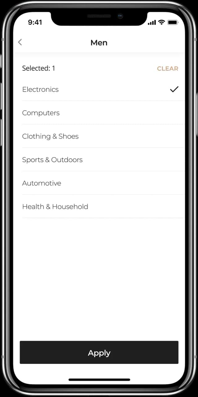 Mobile app category selection screen