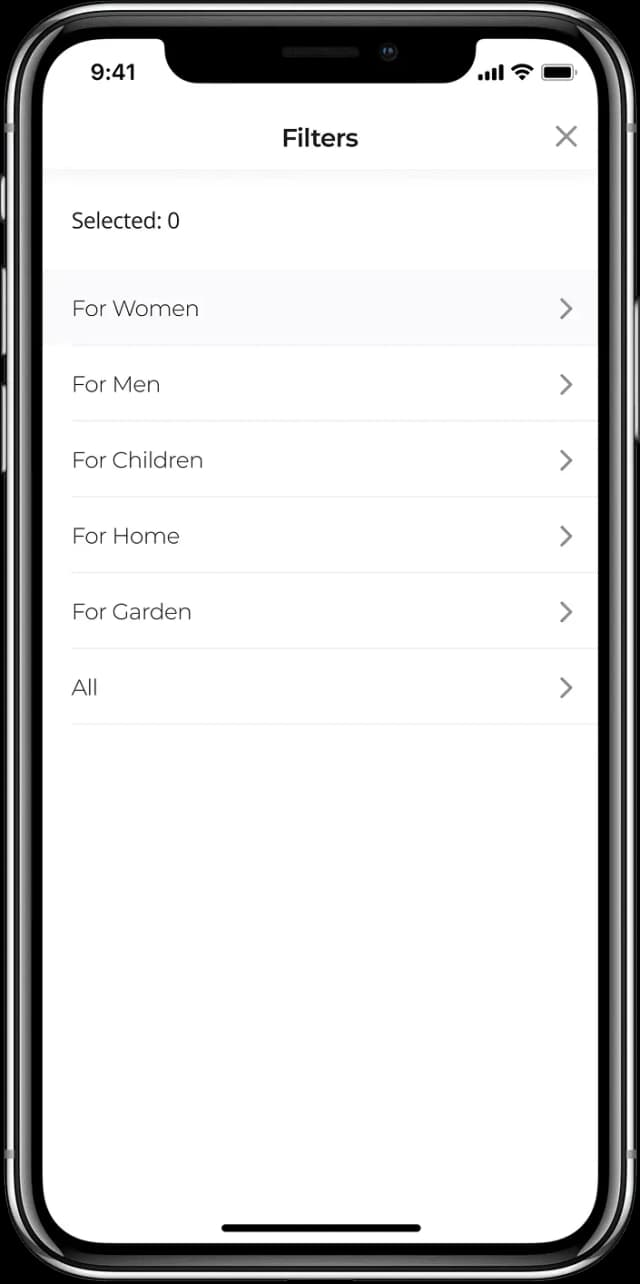 Mobile app filter options screen
