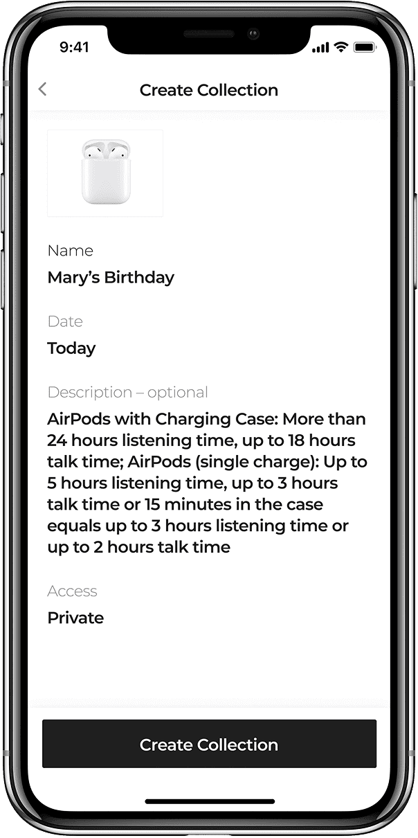 Mobile app create collection screen