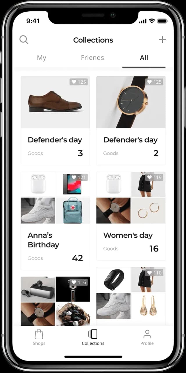 Mobile app collections screen displaying various items and events