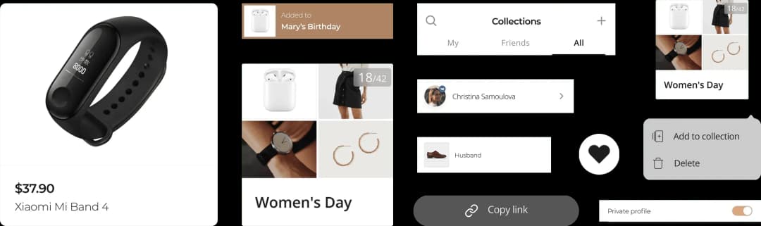 UI elements for e-commerce and social features