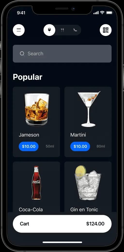 Mobile app drink selection screen