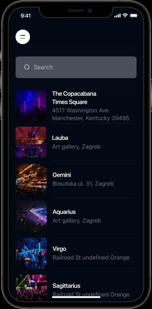 Mobile app venue listing screen
