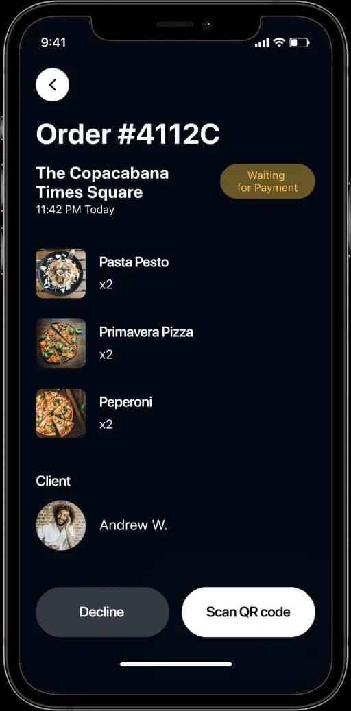 Order confirmation screen with food items
