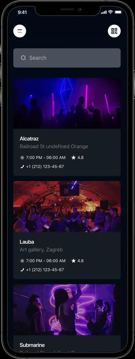 Mobile app nightlife venue list screen