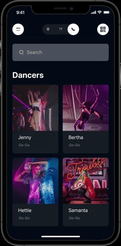 Mobile app dancers listing screen