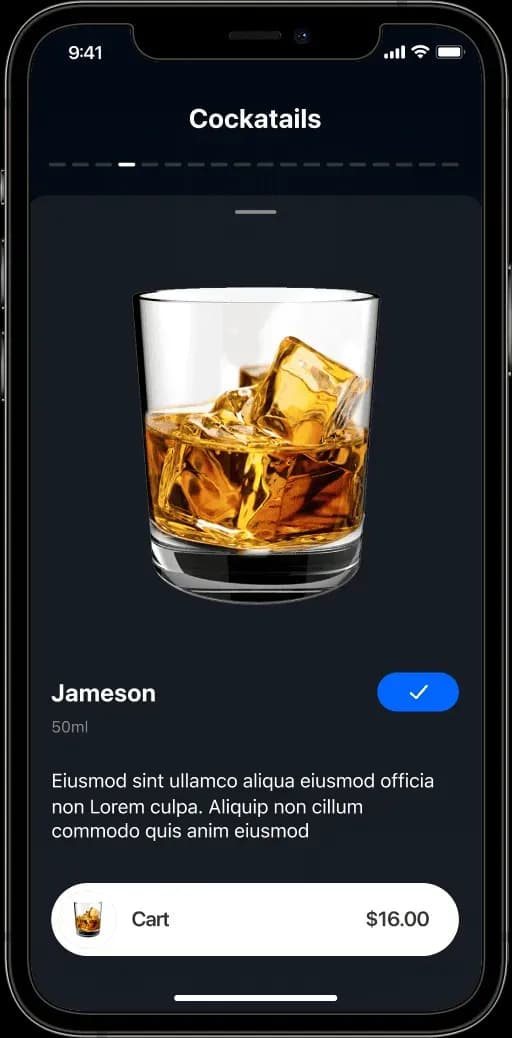 Cocktail selection screen on mobile app
