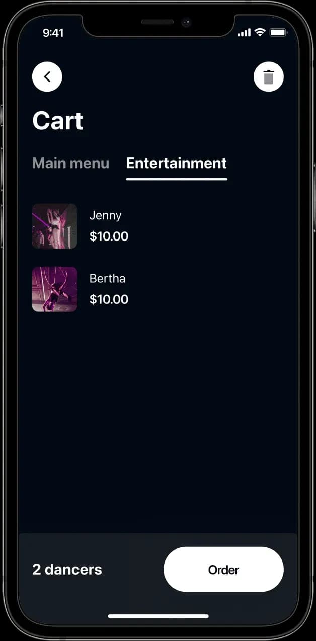 Mobile app cart screen displaying entertainment items
