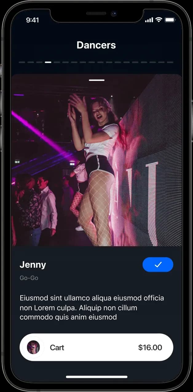 Mobile app dancer selection screen