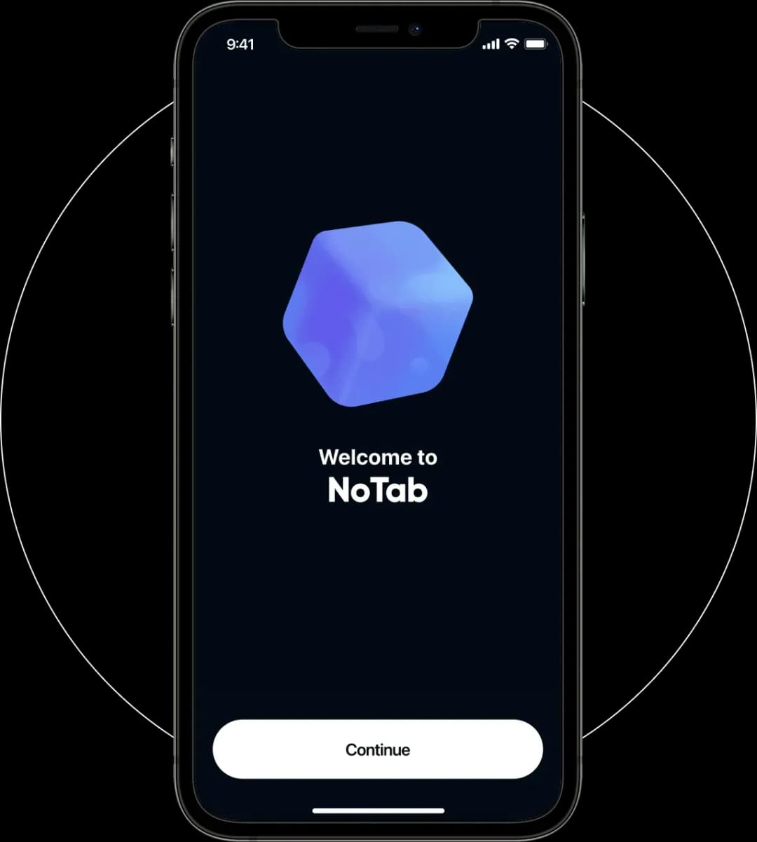 Smartphone screen displaying a welcome message for NoTab with a blue hexagonal logo and a white Continue button.