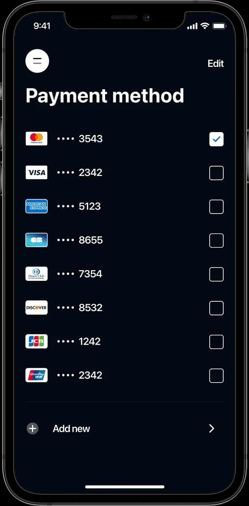 Mobile screen showing payment method selection with Mastercard, Visa, American Express, and other card options. Mastercard ending in 3543 is selected.