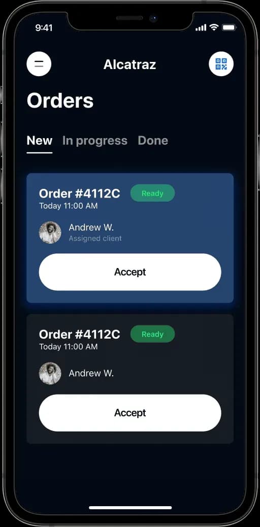 Mobile app screen showing order management for 'Alcatraz' with two new orders #4112C, both ready, assigned to Andrew W., featuring Accept buttons.