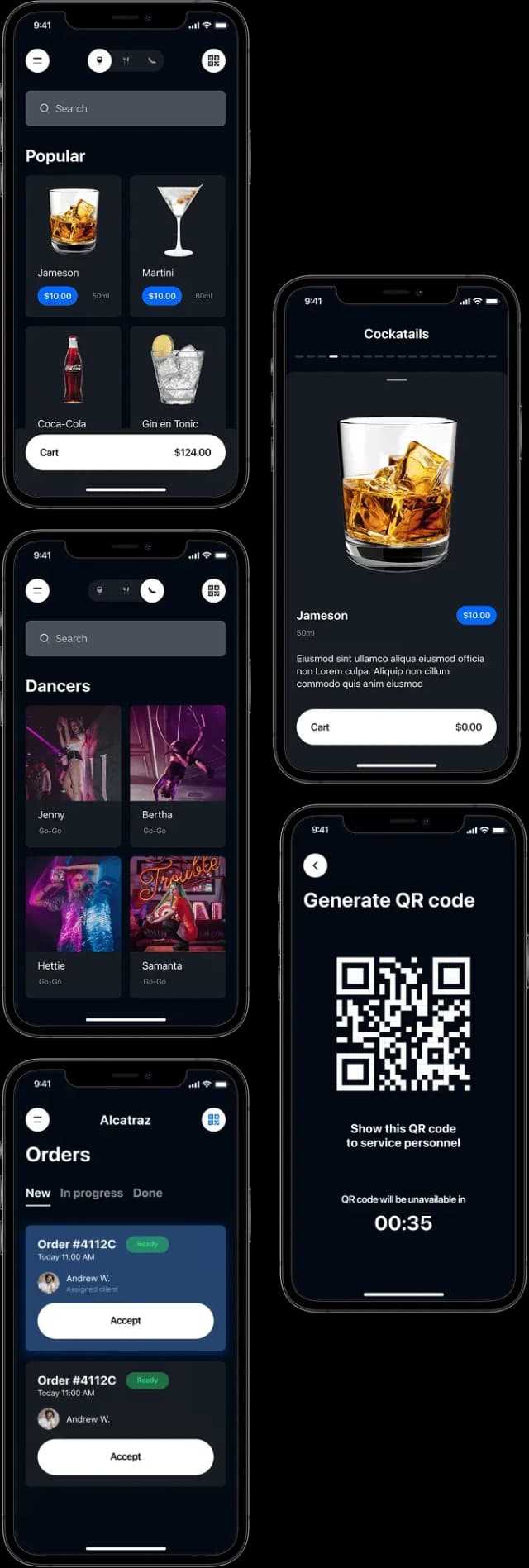 Smartphone screens showing a dark-themed app with drink menu, dancer profiles, order management, cocktail details, and a QR code generator.