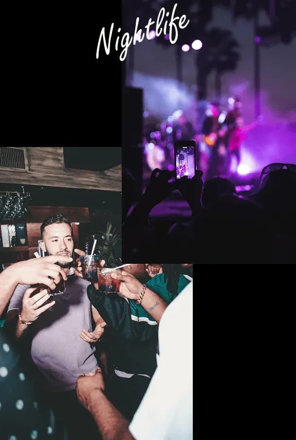 People clinking drinks in a lively indoor party and a silhouette of a person recording a purple-lit concert with a phone.