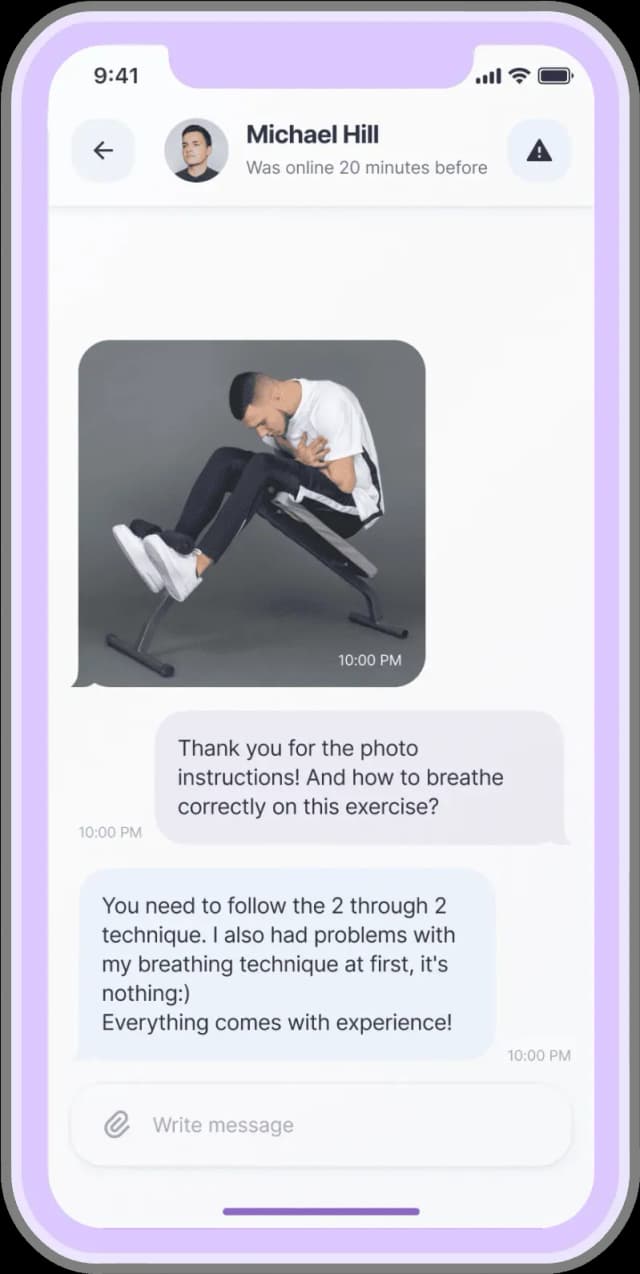 Chat conversation with Michael Hill showing a photo of a man performing an abdominal exercise on a decline bench, followed by messages discussing breathing technique.