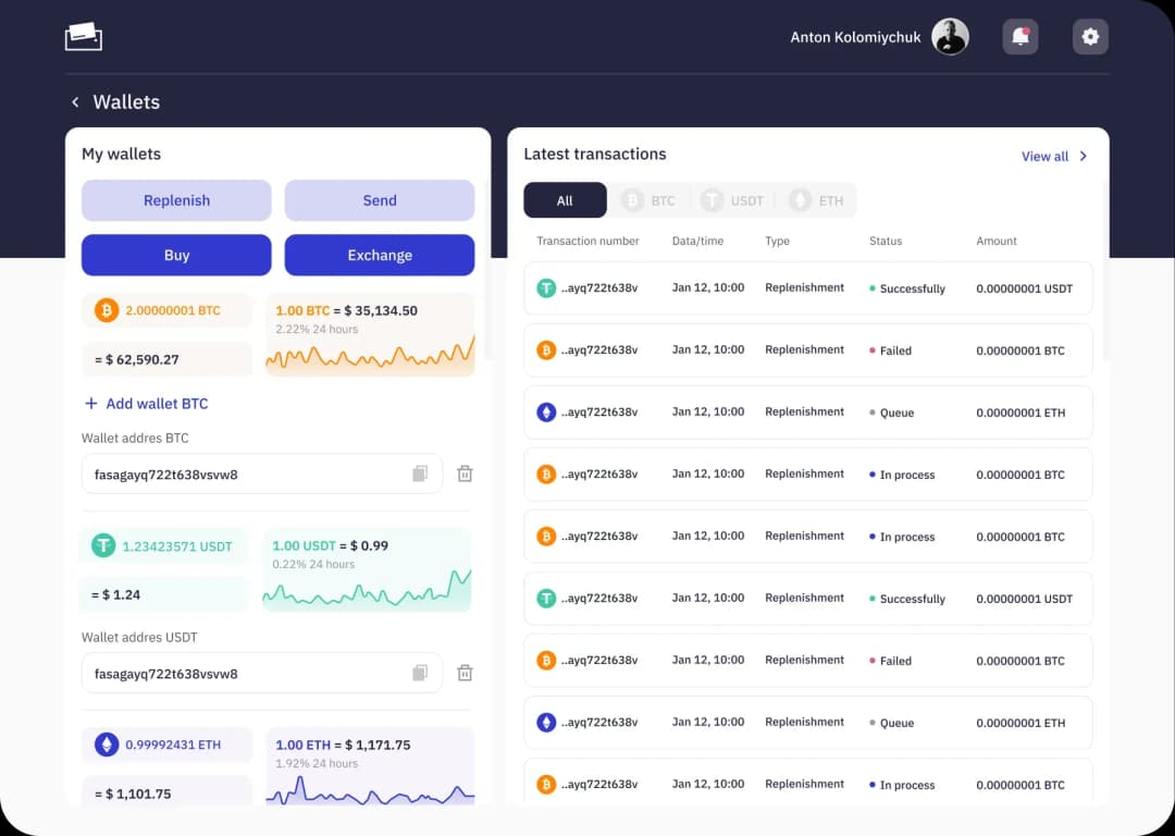 Cryptocurrency wallet management interface