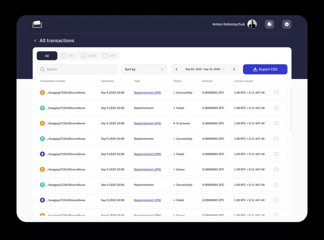 Transactions overview screen with filters and export option