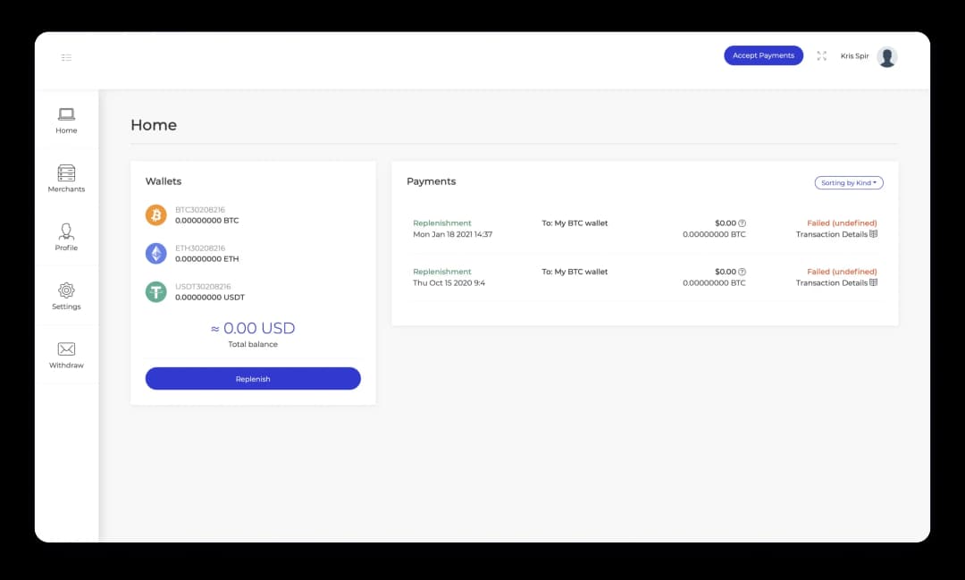 Home screen of a cryptocurrency wallet app